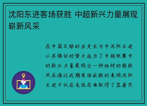 沈阳东进客场获胜 中超新兴力量展现崭新风采