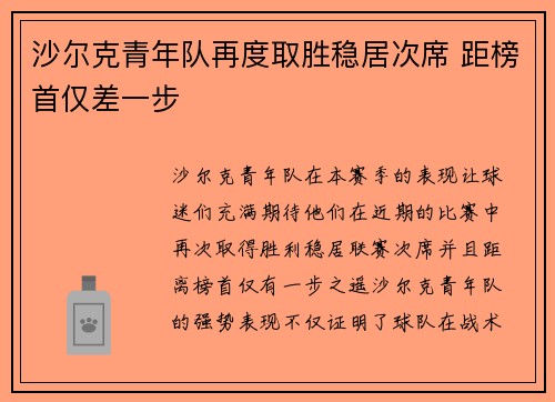 沙尔克青年队再度取胜稳居次席 距榜首仅差一步